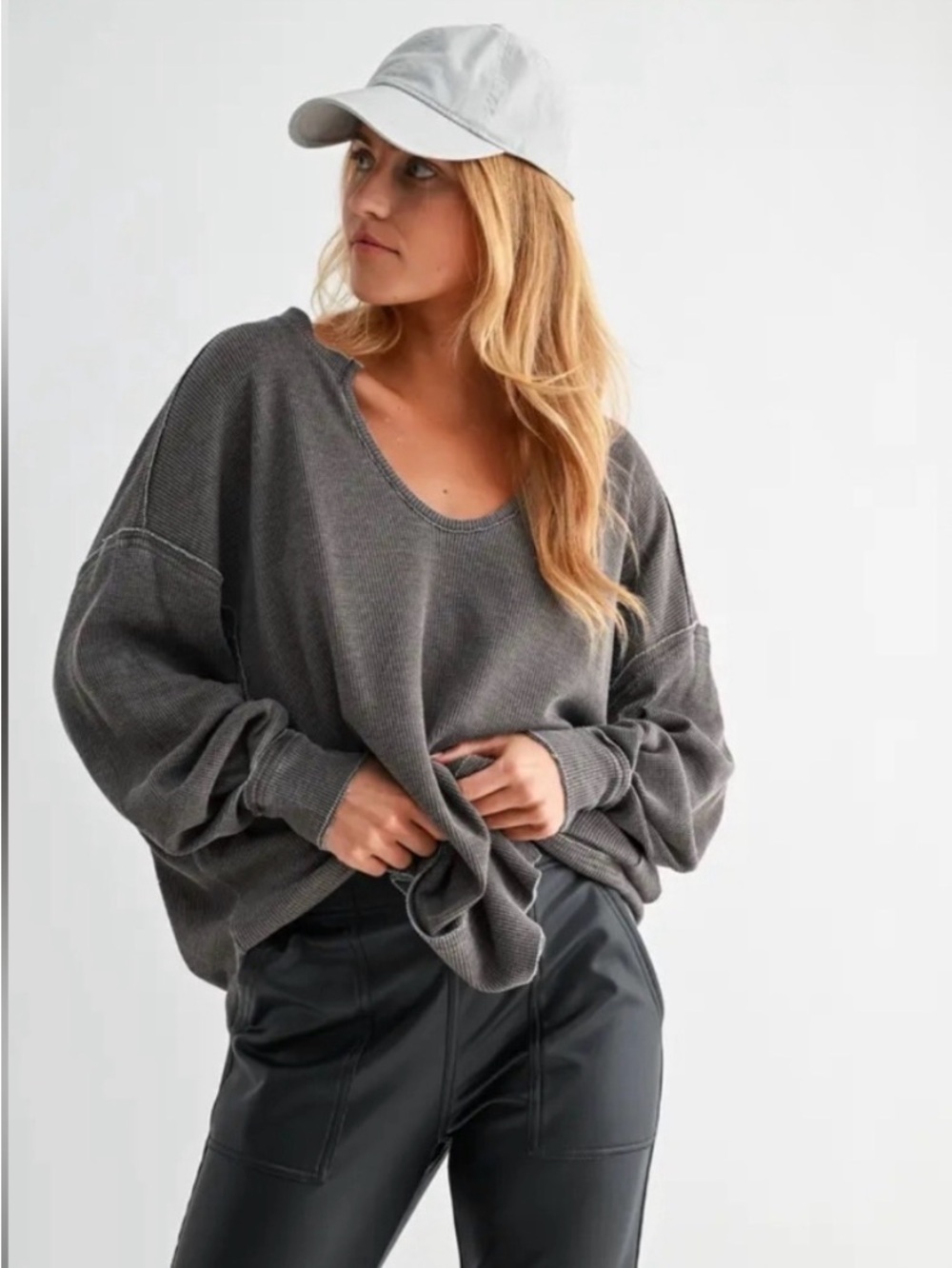 Mono B Long Sleeve Oversized Waffle Knit Ribbed Round Neck Pullover NWT LARGE